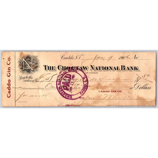 Caddo, OK 1906 Indian Territory Caddo Gin Co. Choctaw Nation Bank Check - Scarce