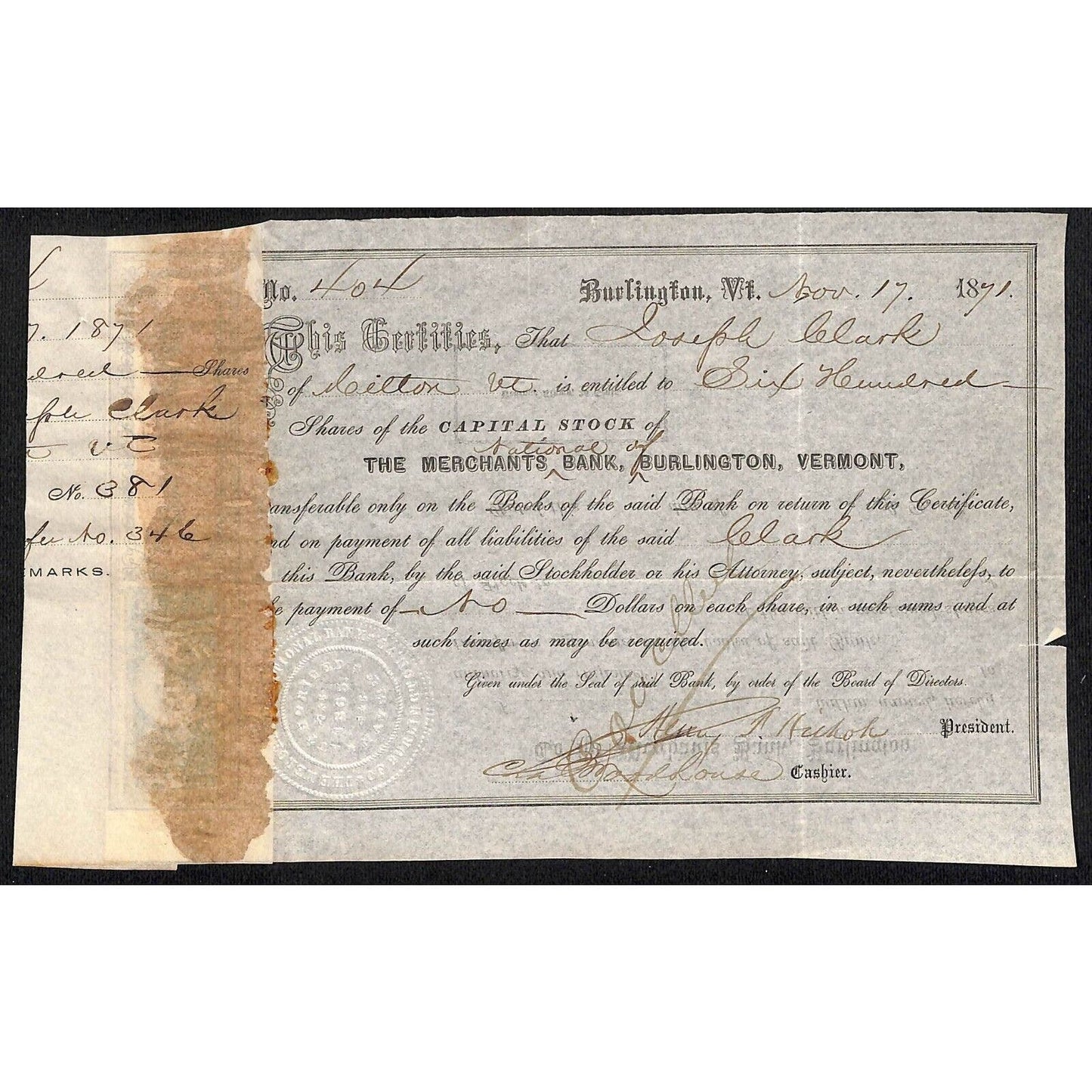 Merchants Bank Burlington, Vermont 1871 Stock Certificate Joseph Clark Scarce
