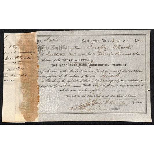 Merchants Bank Burlington, Vermont 1871 Stock Certificate Joseph Clark Scarce