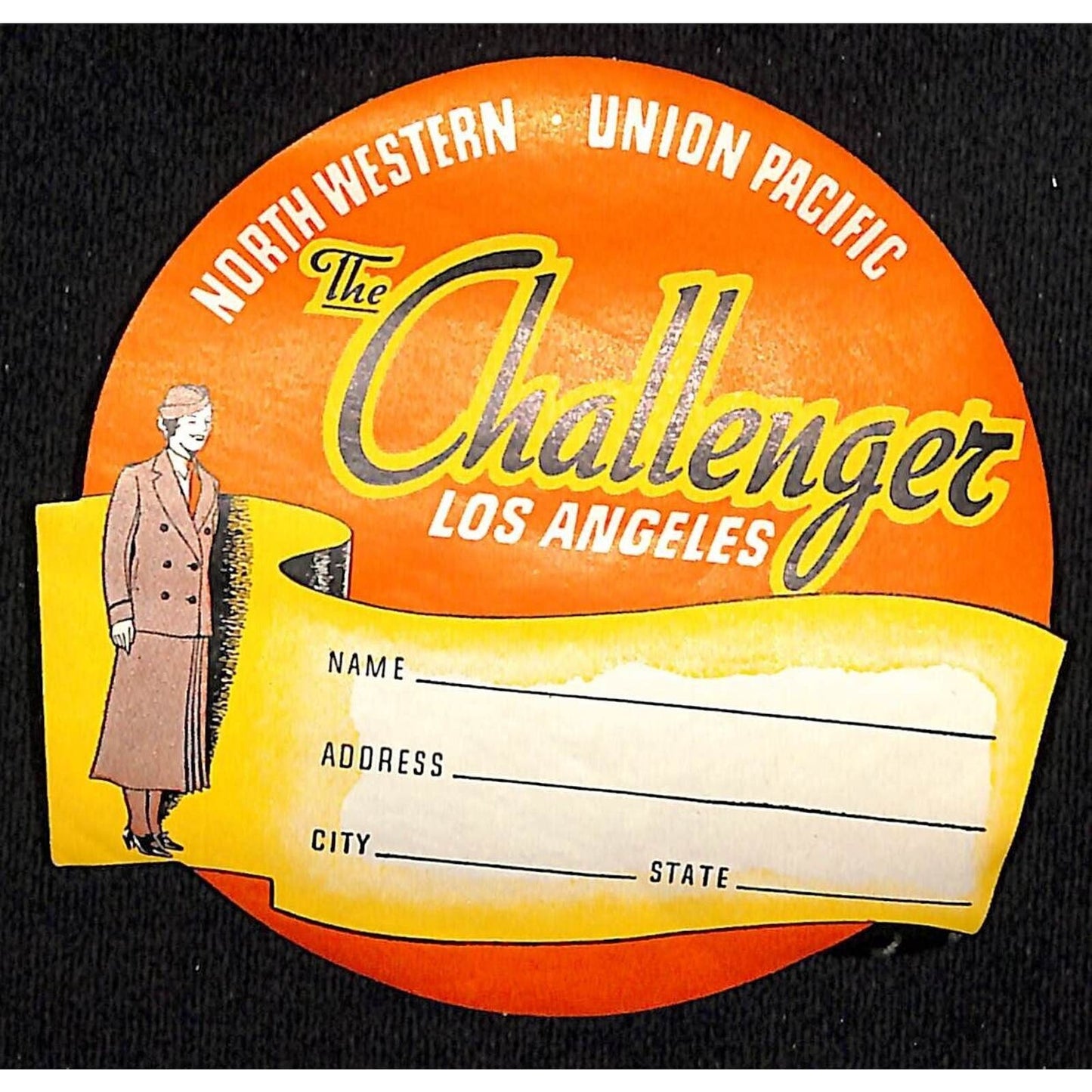 North Western Union Pacific Challenger Los Angeles Luggage Label Woman Passenger