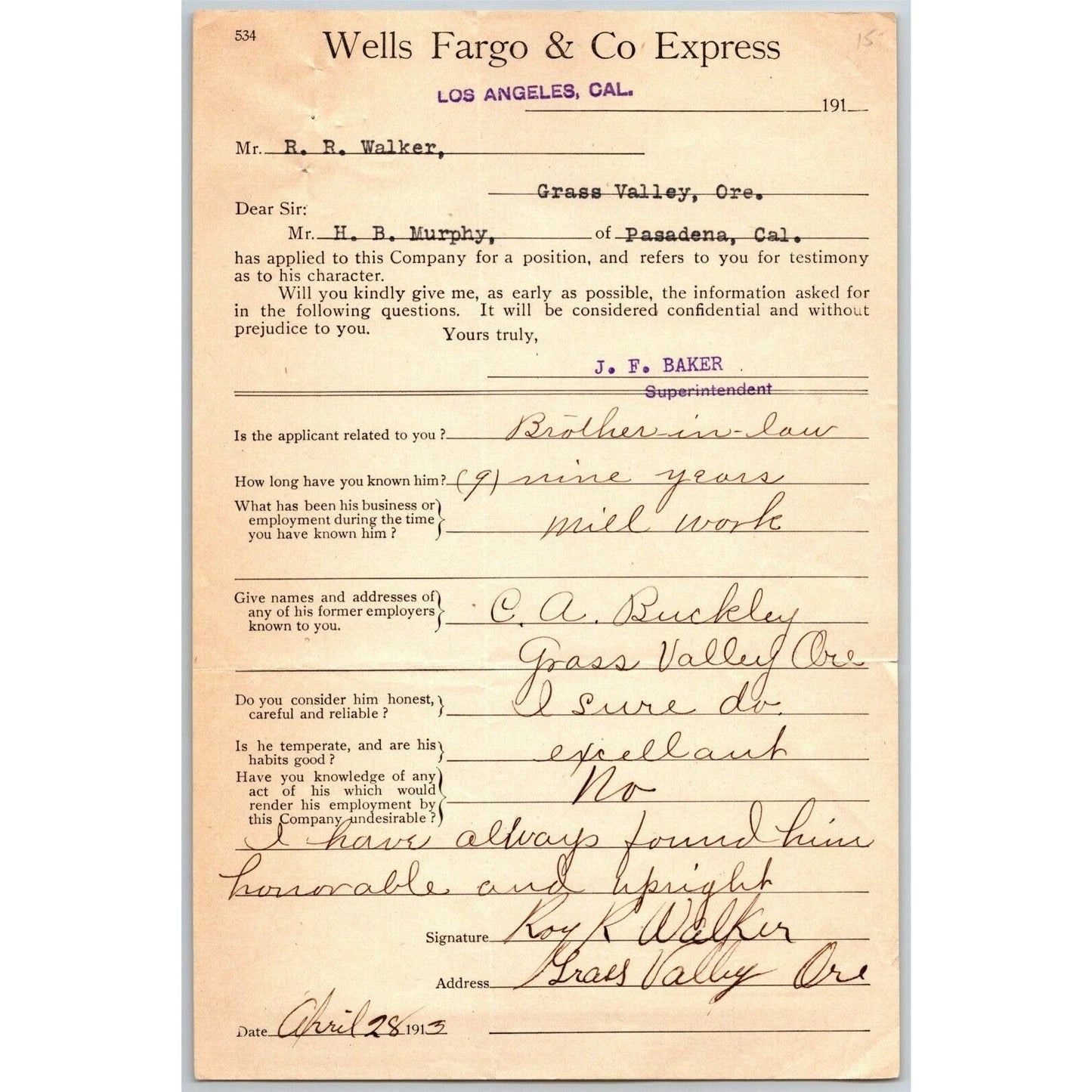 1913 Wells Fargo Express Employment Reference / Testimony Form Los Angeles