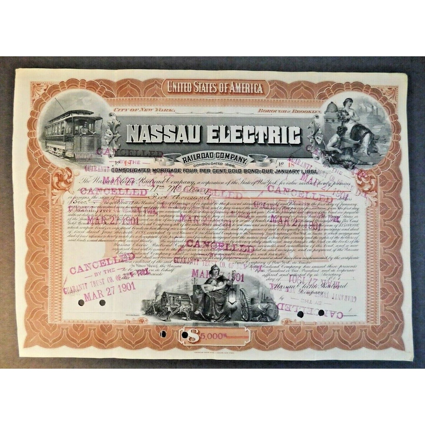 Large 1901 Stock Cert. Bond "Nassau Electric Railroad Co" Brooklyn, NY #18