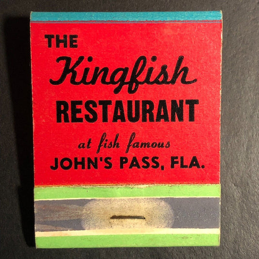 Kingfish Restaurant John's Pass, FL Matchbook c1968-73 Seafood Lobster Fish