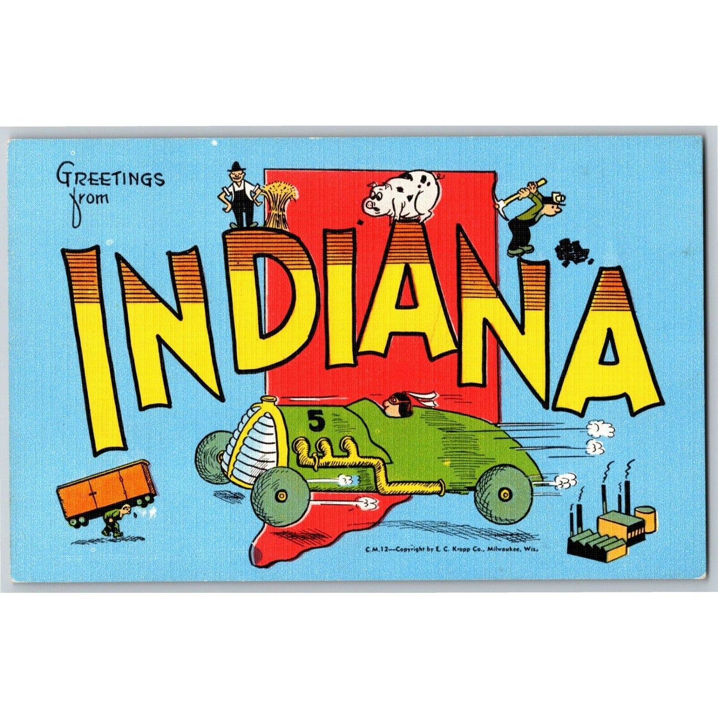 Indy 500 Linen Postcard "Greetings From Indiana" E. C. Kropp - Unposted VGC