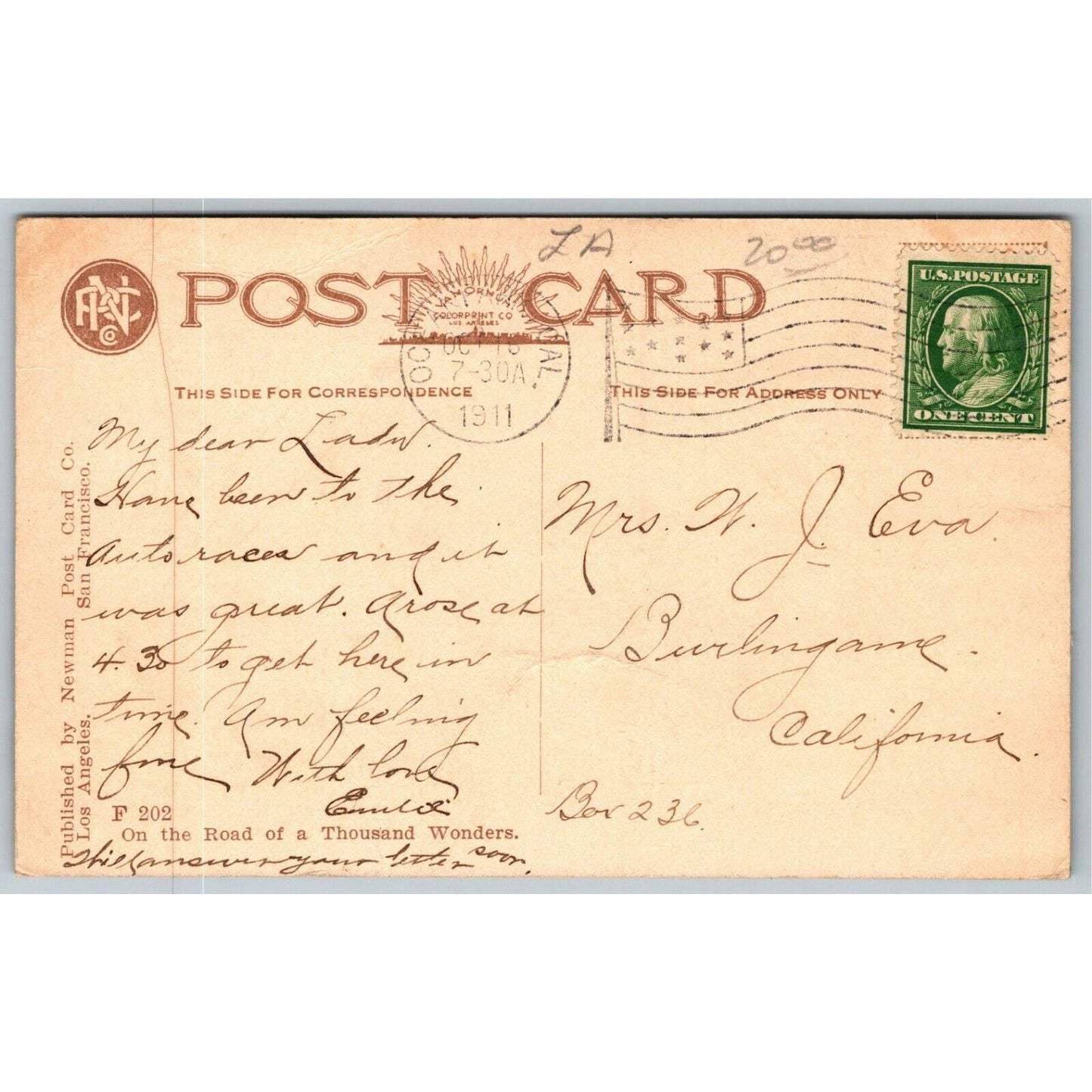 Vintage c1911 PPC Postcard - "Scenic Railway at Venice, CAL"