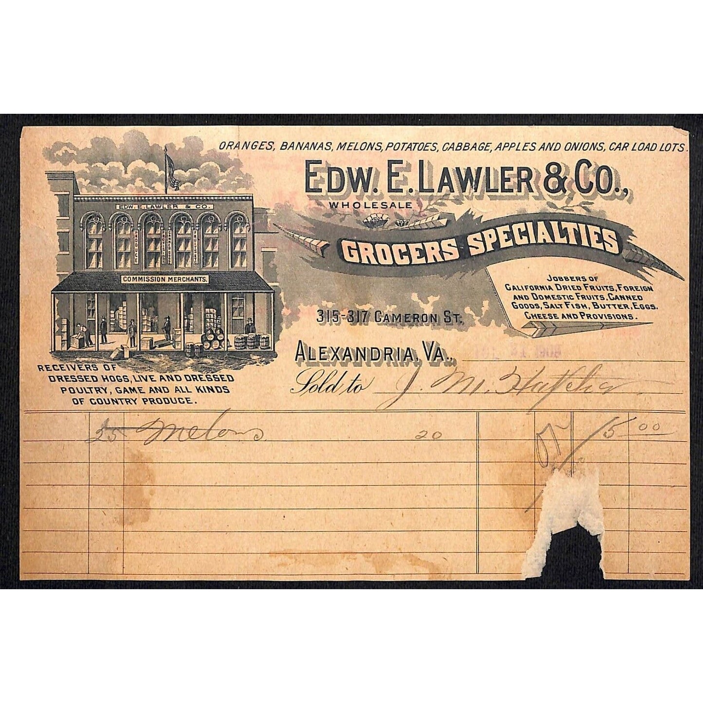 Alexandria, VA Edw. E. Lawler & Co. Grocers Fruit Butter Cheese Billhead 1909