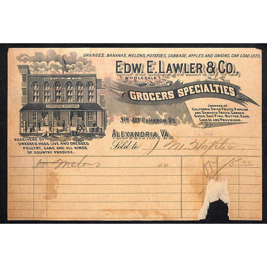 Alexandria, VA Edw. E. Lawler & Co. Grocers Fruit Butter Cheese Billhead 1909