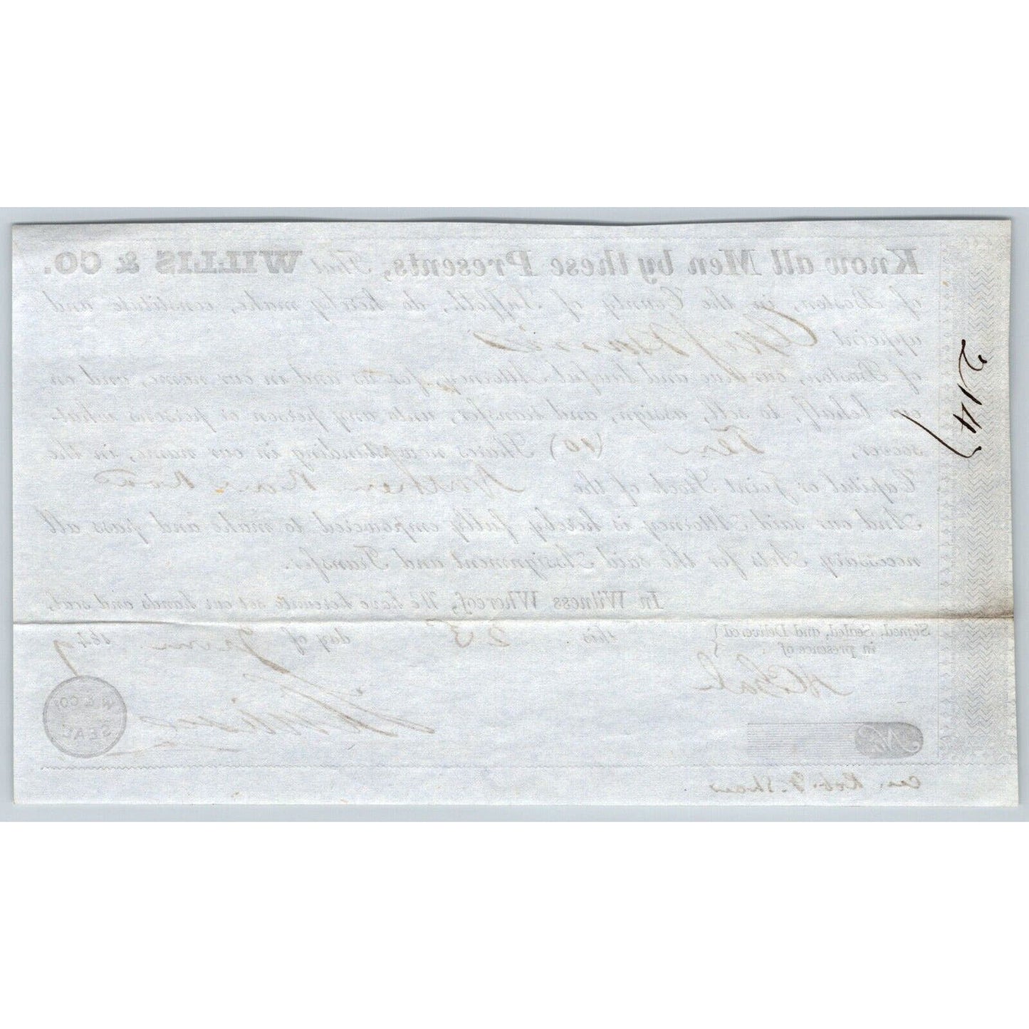 1847 Boston MA Power of Attorney re: Northern Railroad Stock Willis & Co.