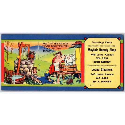 Ink Blotter "Leona Cleaners" & Mayfair Beauty Shop c1940's Cartoon Alcohol Still