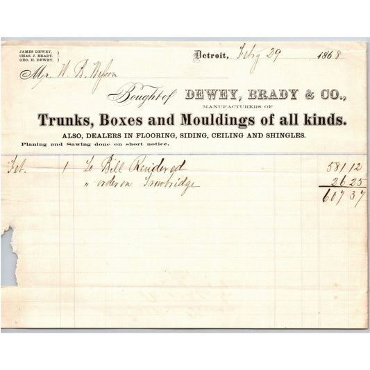 Detroit Letterhead Dewey & Brady Trunks Boxes Mouldings of All Kinds - 1868