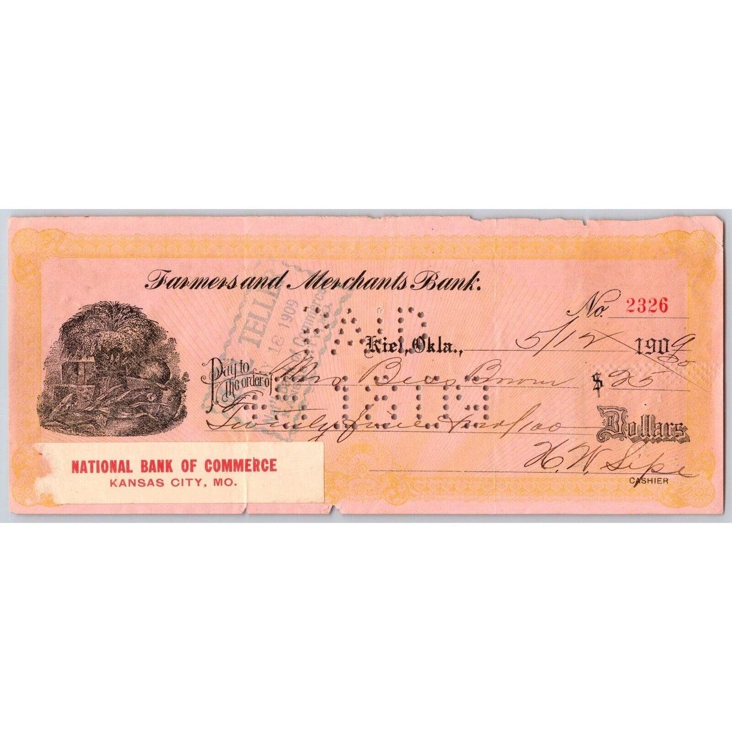 Kiel, Oklahoma 1909 Farmers and Merchants Bank Check w/ Vignette - Scarce