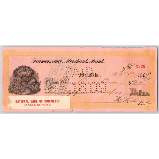Kiel, Oklahoma 1909 Farmers and Merchants Bank Check w/ Vignette - Scarce
