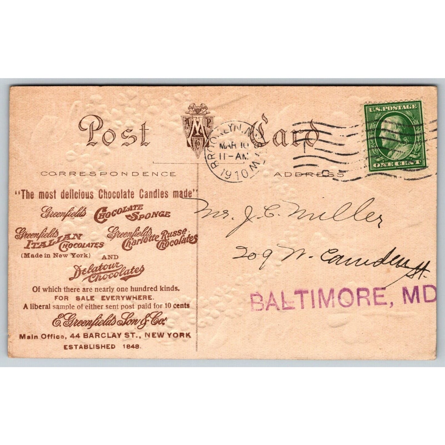 E. Greenfield Son & Co Chocolate Erin Go Bragh Advertising Postcard PM 1910