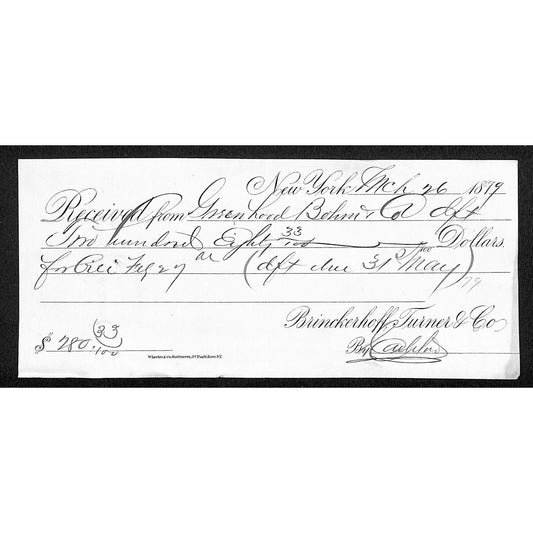 New York Greenhood Bohm & Co. (Helena, MT Clothiers) - 1879 Payment Receipt