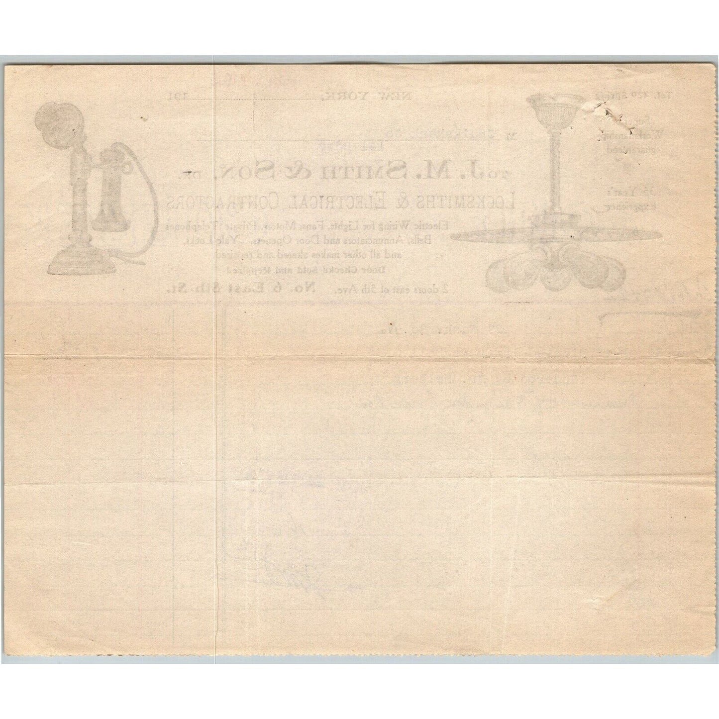 1915 J. M. Smith & Son Electrical & Locksmith Letterhead Billhead E. 8th St NYC