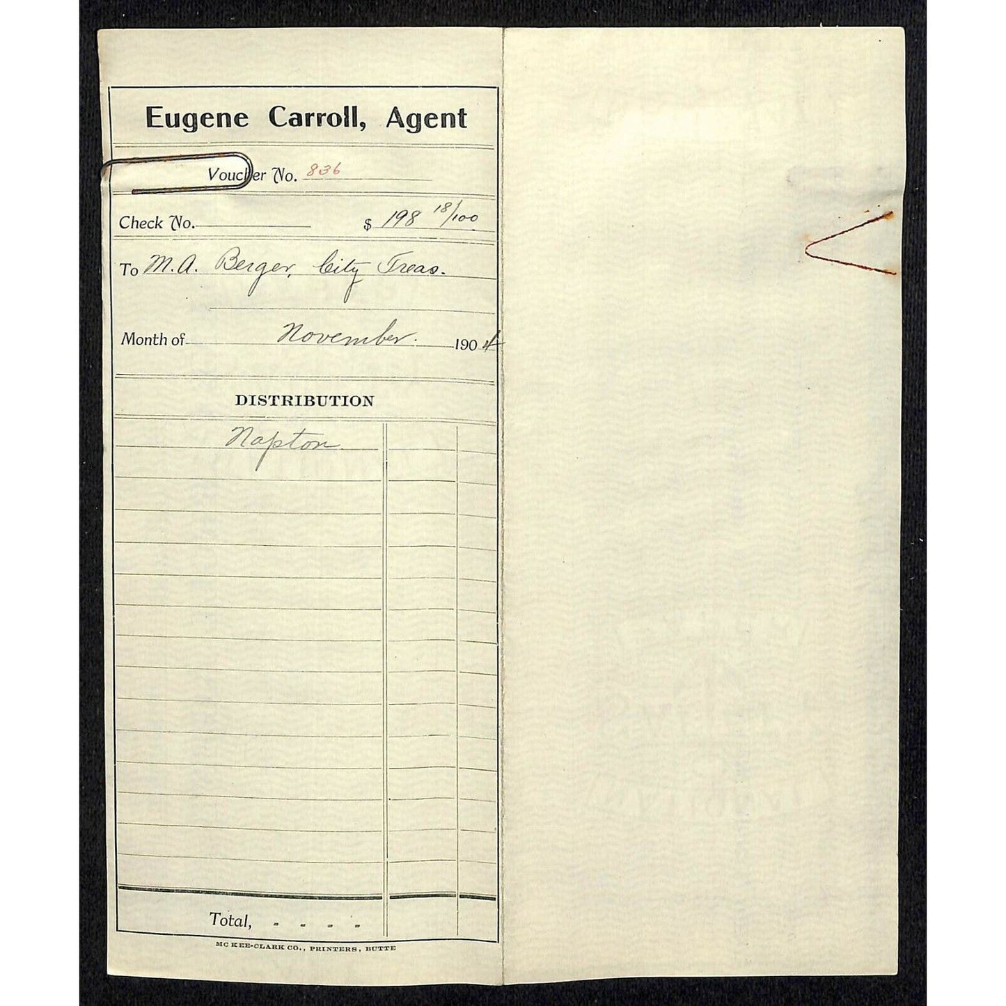 1904 Check Daly Bank Trust of Butte, MT Eugene Carroll - Silver Bow Tax Receipt