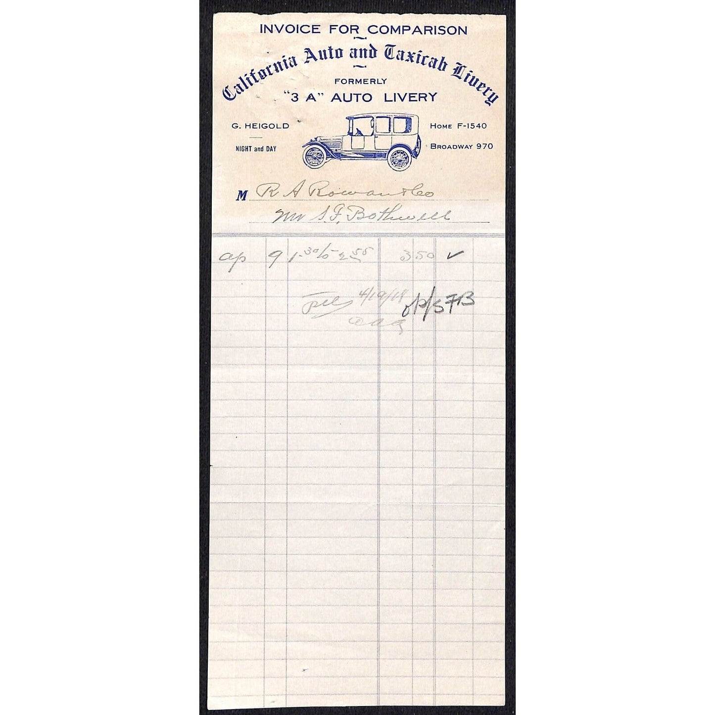 California Auto and Taxicab Livery April 1918 Billhead Letterhead - R.A. Rowan