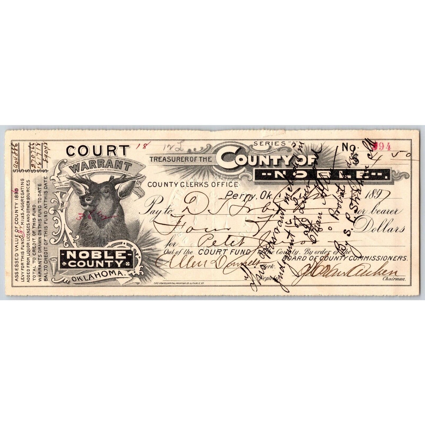 Perry Okla. Territory 1897 Noble County Court Warrant "$ from Liquor Licenses"