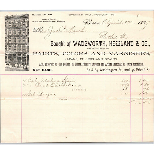 Boston, MA Wadsworth, Holland & Co. Paints Colors Varnishes 1887 Billhead Scarce