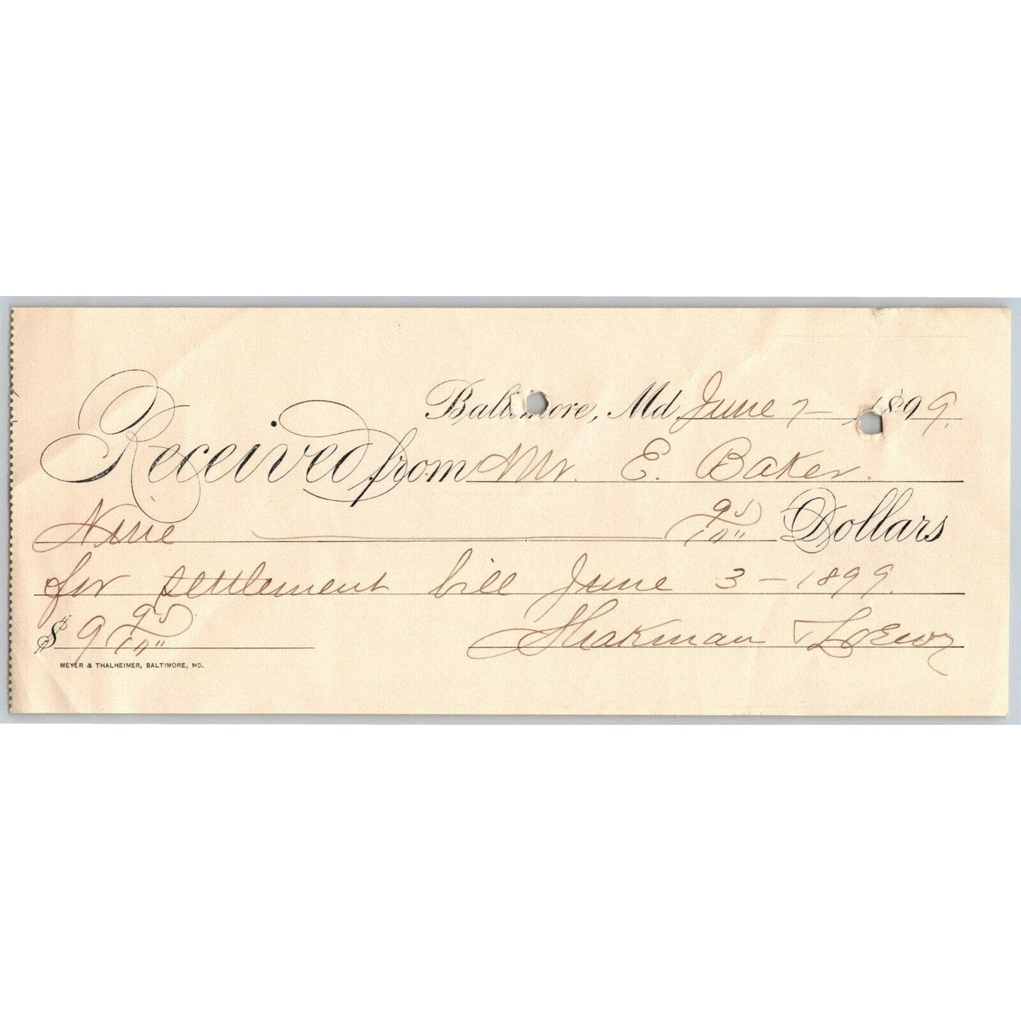 1899 $9.95 Check From Ephraim Baker* to Loewy Drug (Cough Syrup Co. Baltimore)