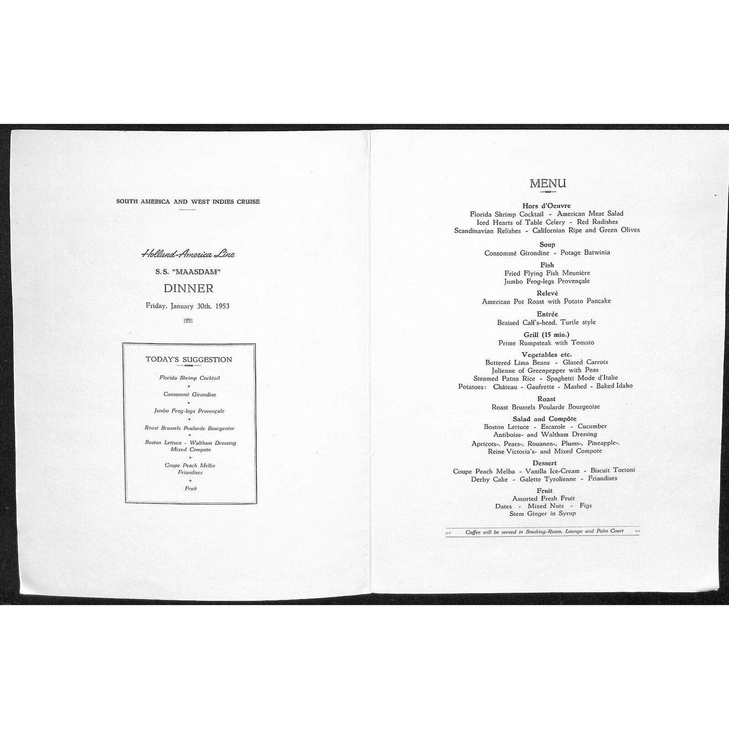 1953 Holland-America Maasdam West Indies Cruise Line Dinner Menu Jan 30 - VGC