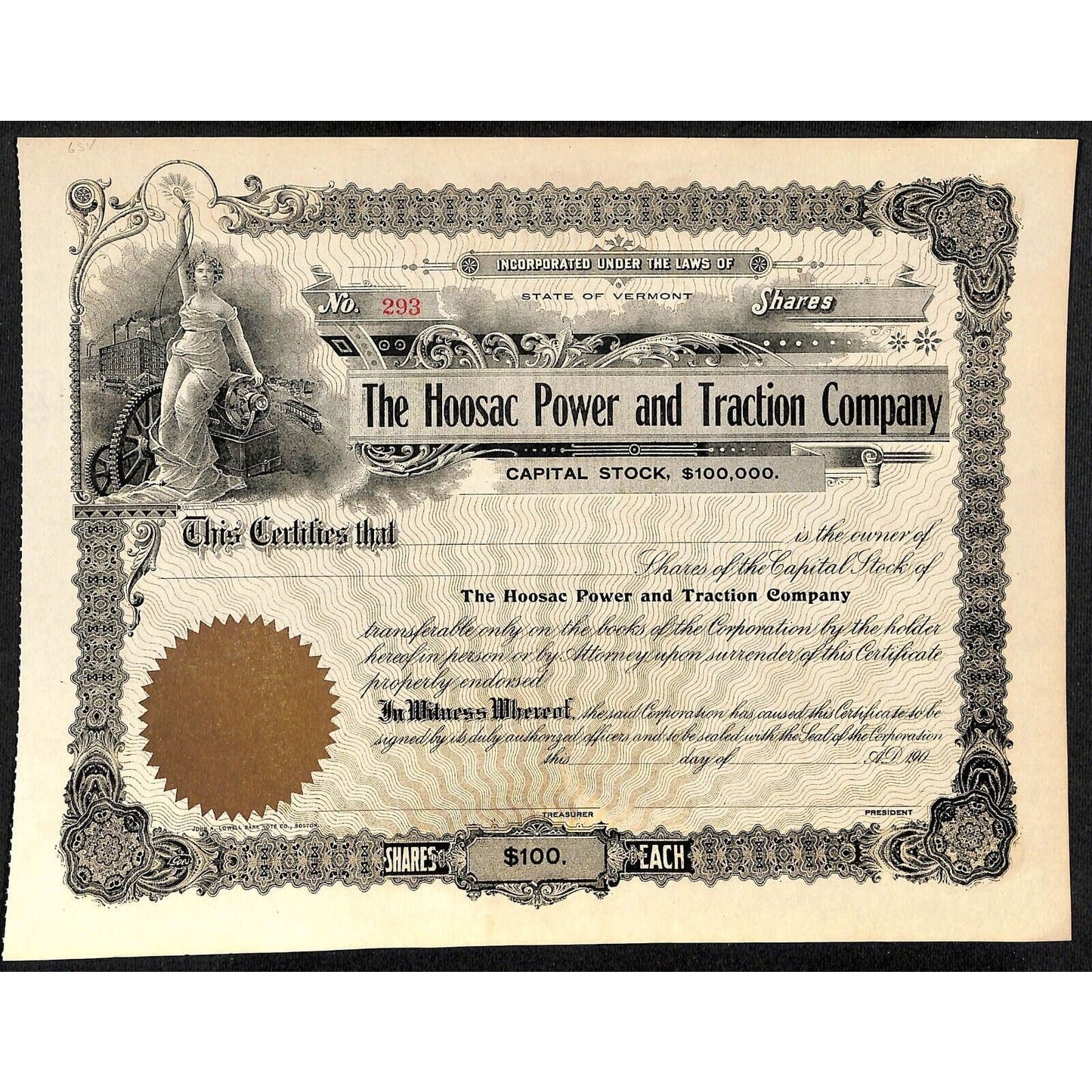 Hoosac Power and Traction Company Vermont c1901 - 1909 Stock Certificate Scarce