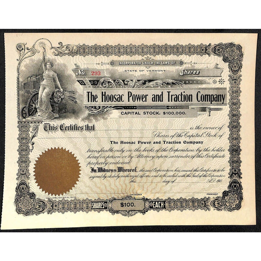Hoosac Power and Traction Company Vermont c1901 - 1909 Stock Certificate Scarce