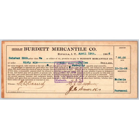 Eufaula Indian Territory Oklahoma 1906 Burdett Mercantile Promissory Note