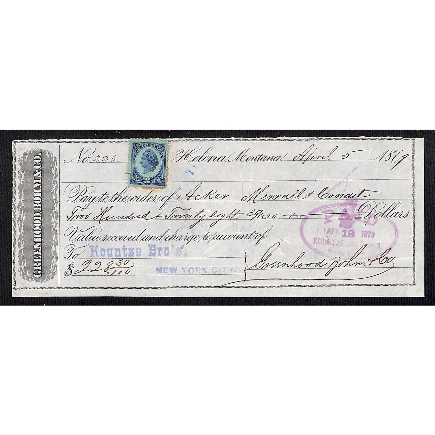 Helena Montana Greenhood, Bohm & Co. Kountze Bros. Bank Check 1869 w/ Rev Stamp
