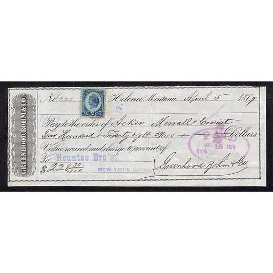 Helena Montana Greenhood, Bohm & Co. Kountze Bros. Bank Check 1869 w/ Rev Stamp