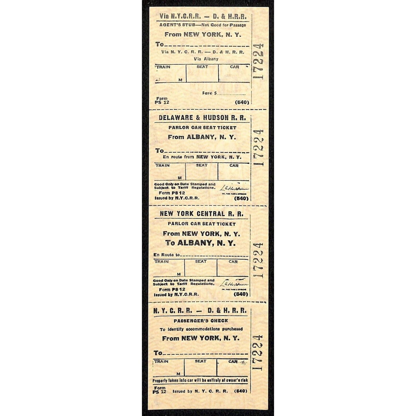 N.Y.C.R.R. - D. & H. R. R. New York / Albany SAMPLE Ticket c1960's Scarce #17224