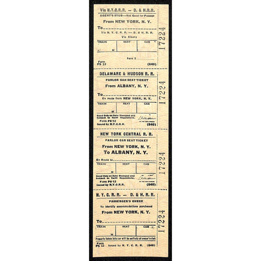 N.Y.C.R.R. - D. & H. R. R. New York / Albany SAMPLE Ticket c1960's Scarce #17224