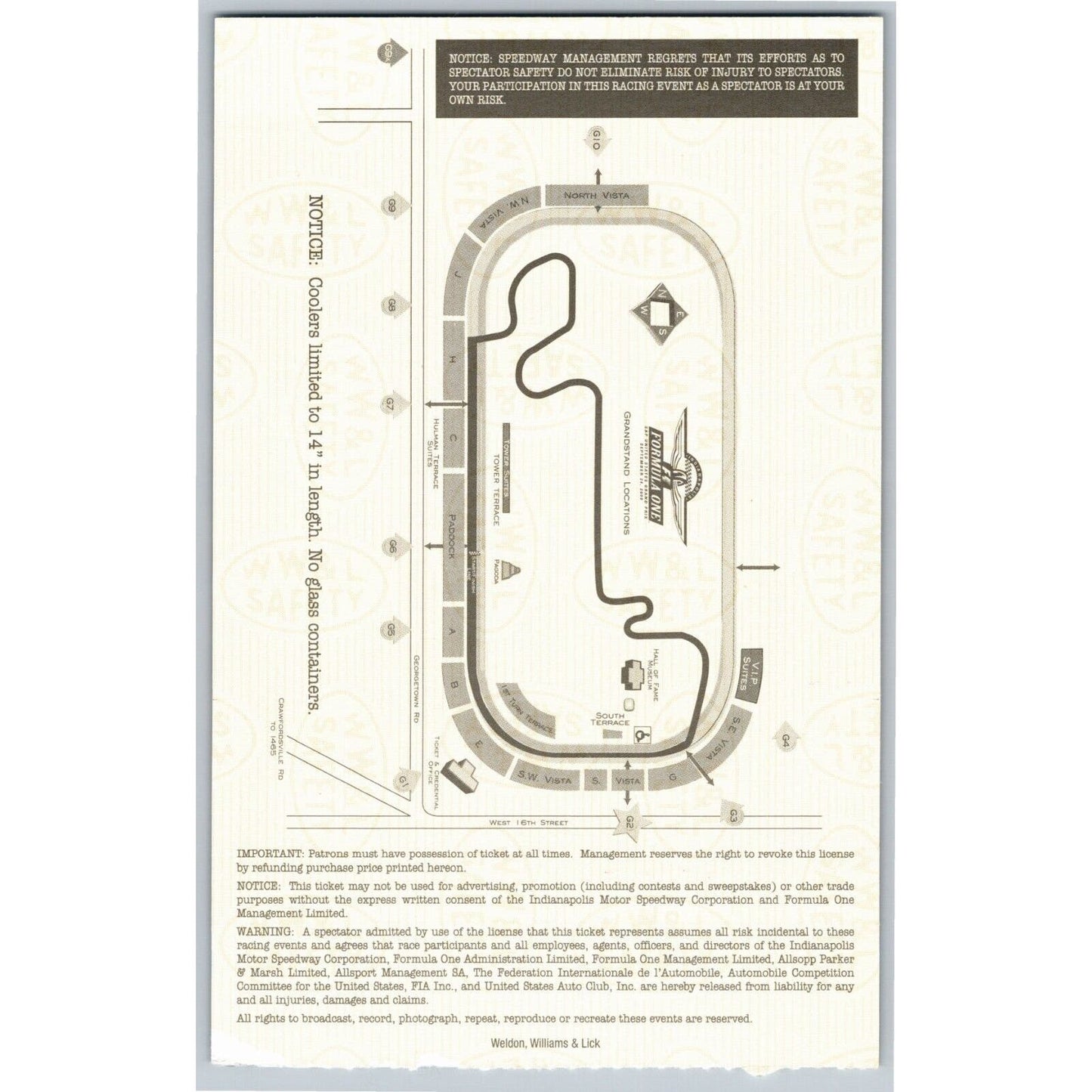 2000 Indianapolis Formula One Grand Prix Racing Race Day Ticket Stub Seat 1