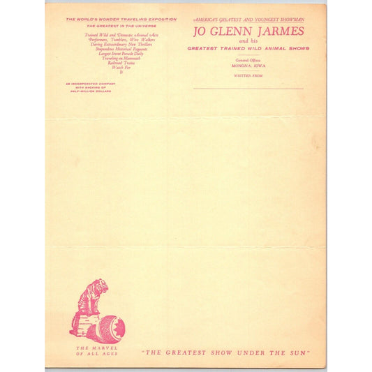 Jo Glenn Jarmes Circus Letterhead c1934-39 "Greatest Trained Wild Animal Show"