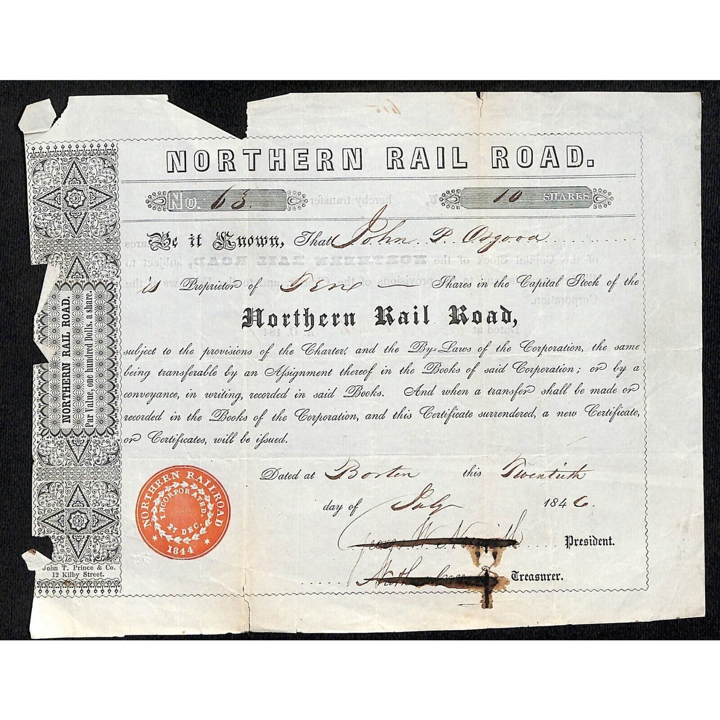 1846 Boston MA Northern Railroad Stock Certificate VERY LOW No. 63 for 10 Shares