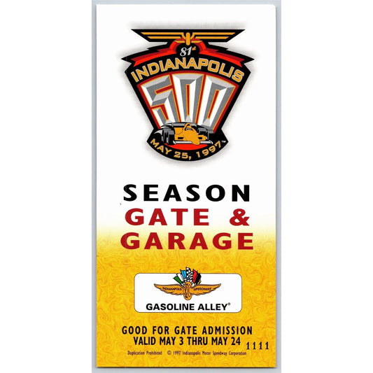 1997 Indy 500 Season Garage Gate Gasoline Alley Pass Indianapolis IMS VGC #1111