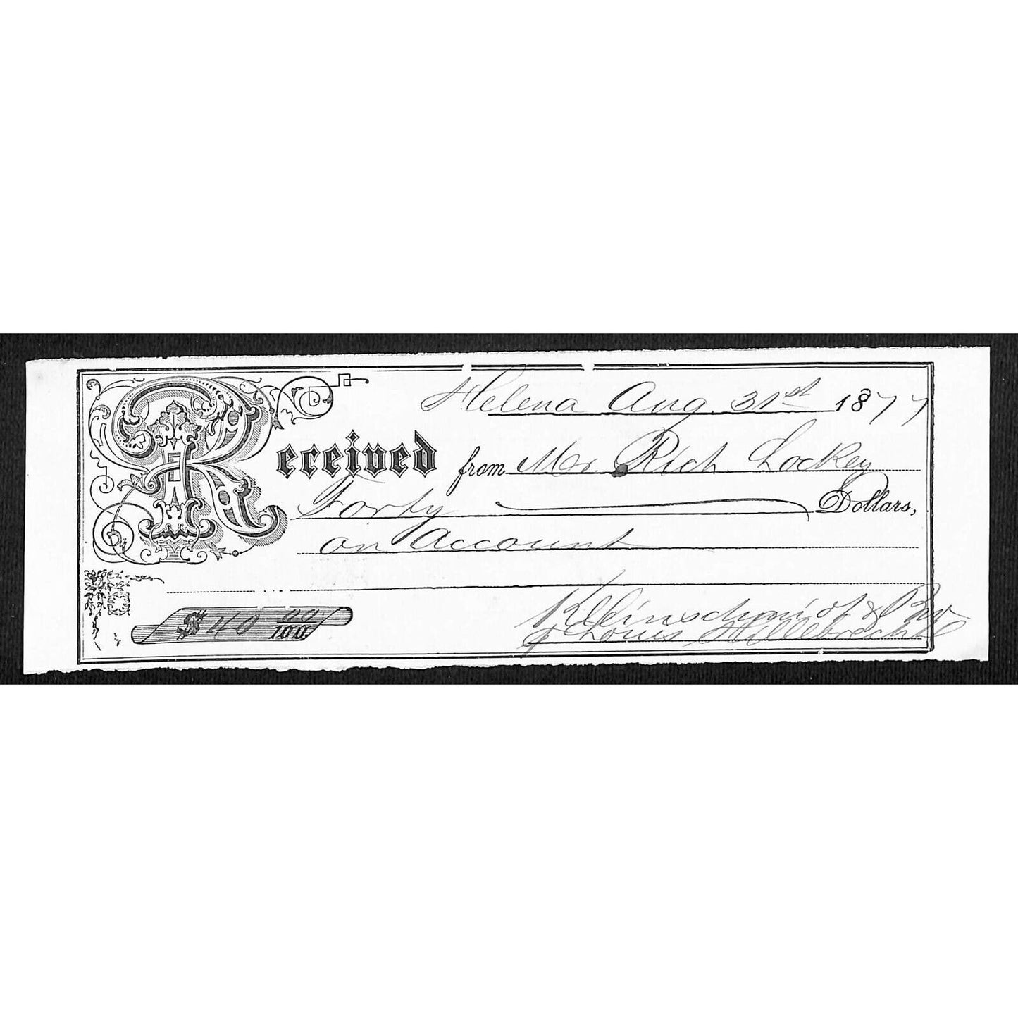 Helena Montana 1877 $40 Richard Lockey Receipt / Billhead