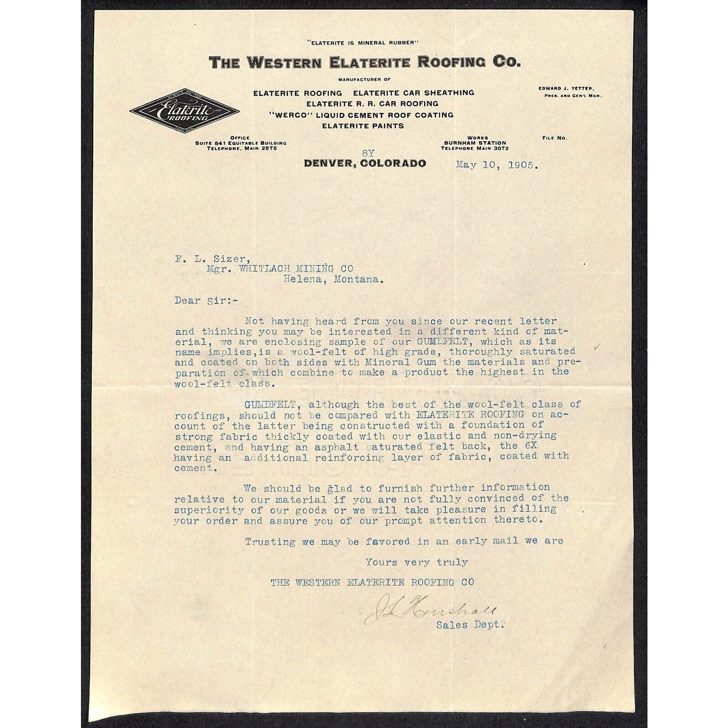 Denver, CO The Western Elaterite Roofing Co. 1905 Letterhead / Whitlach Mining
