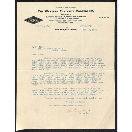 Denver, CO The Western Elaterite Roofing Co. 1905 Letterhead / Whitlach Mining