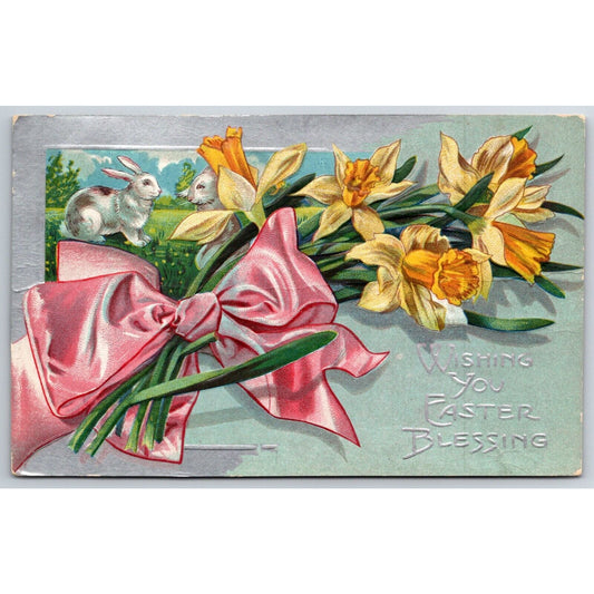 Easter Postcard "Wishing You Easter Blessing" Floral Silver EMB. PM 1915