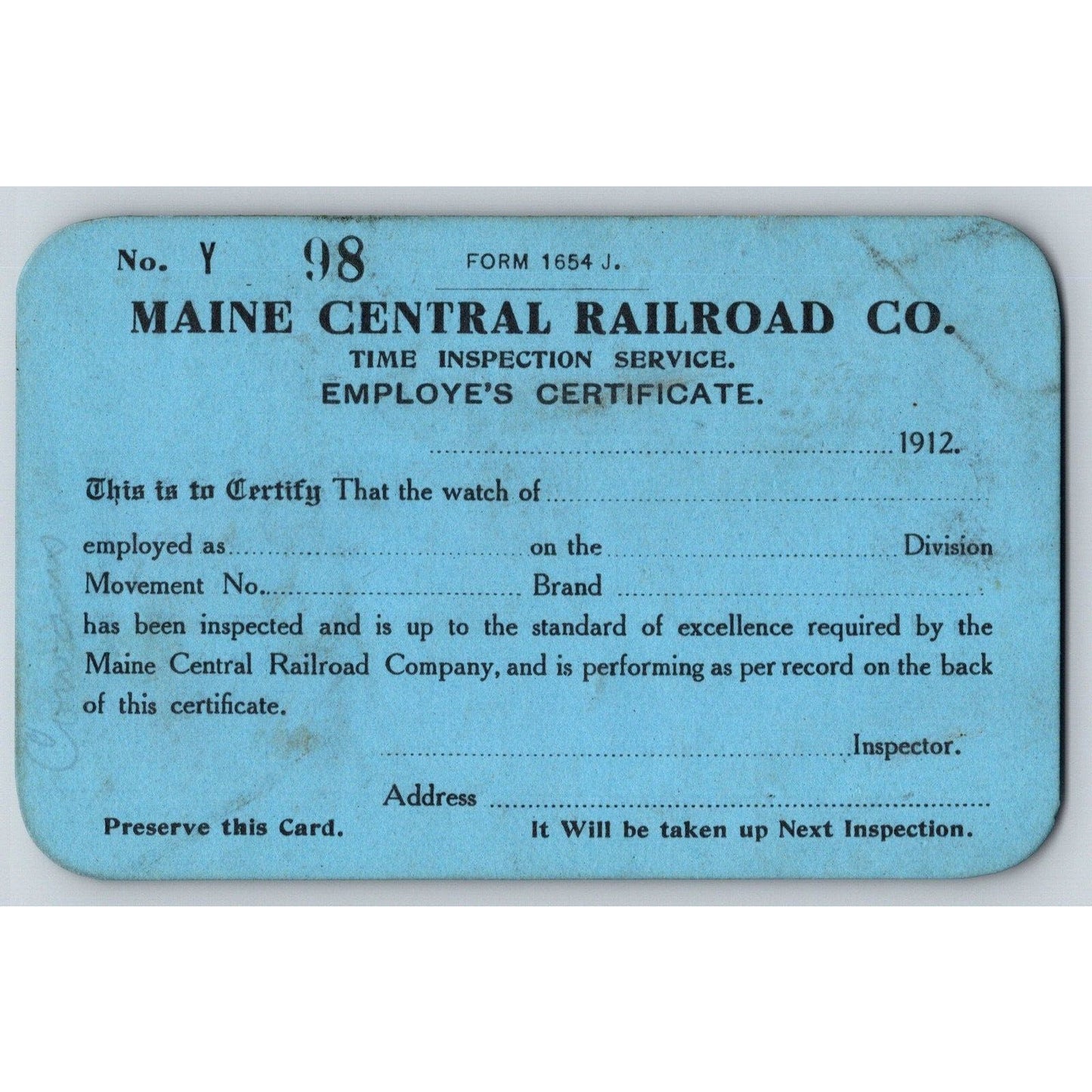 Maine Central Railroad 1912 Time Inspection Service Employe's Certificate Scarce
