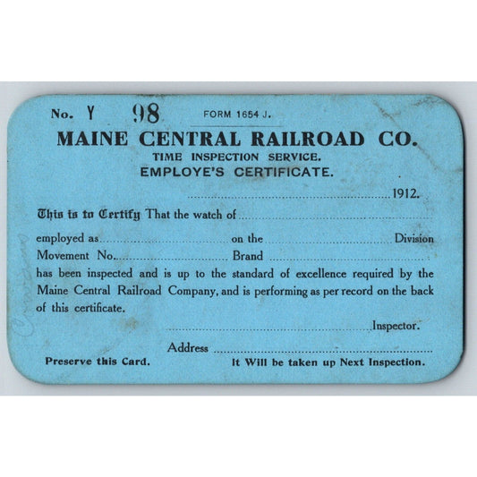 Maine Central Railroad 1912 Time Inspection Service Employe's Certificate Scarce