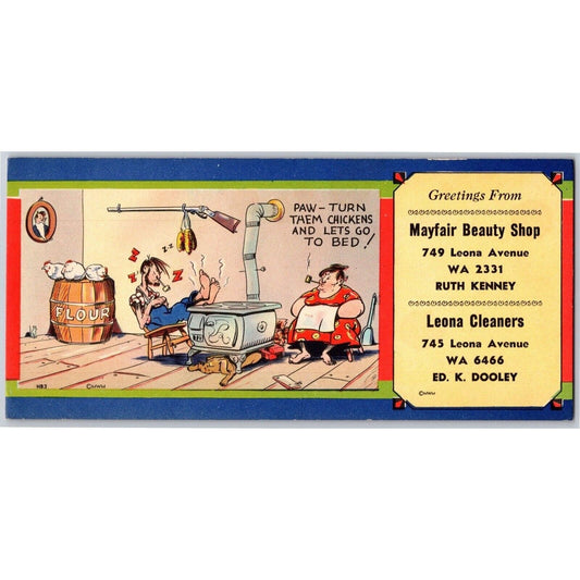 Ink Blotter "Leona Cleaners" & Mayfair Beauty Shop c1940's Cartoon Hillbilly