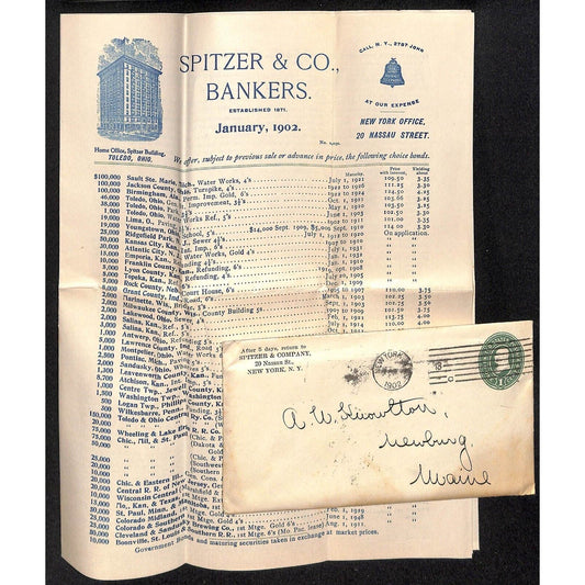 Newburgh ME Amos W. Knowlton* 1902 Spitzer & Co. NYC Bonds Incl. Railroad 8pp*