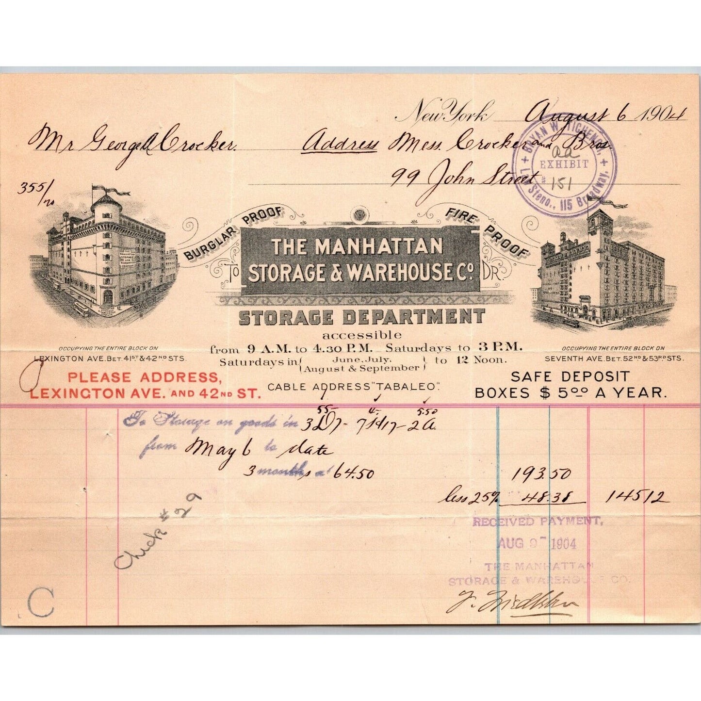 1904 Manhattan Storage George A. Crocker Letterhead 52nd 53rd St 7th Ave NYC
