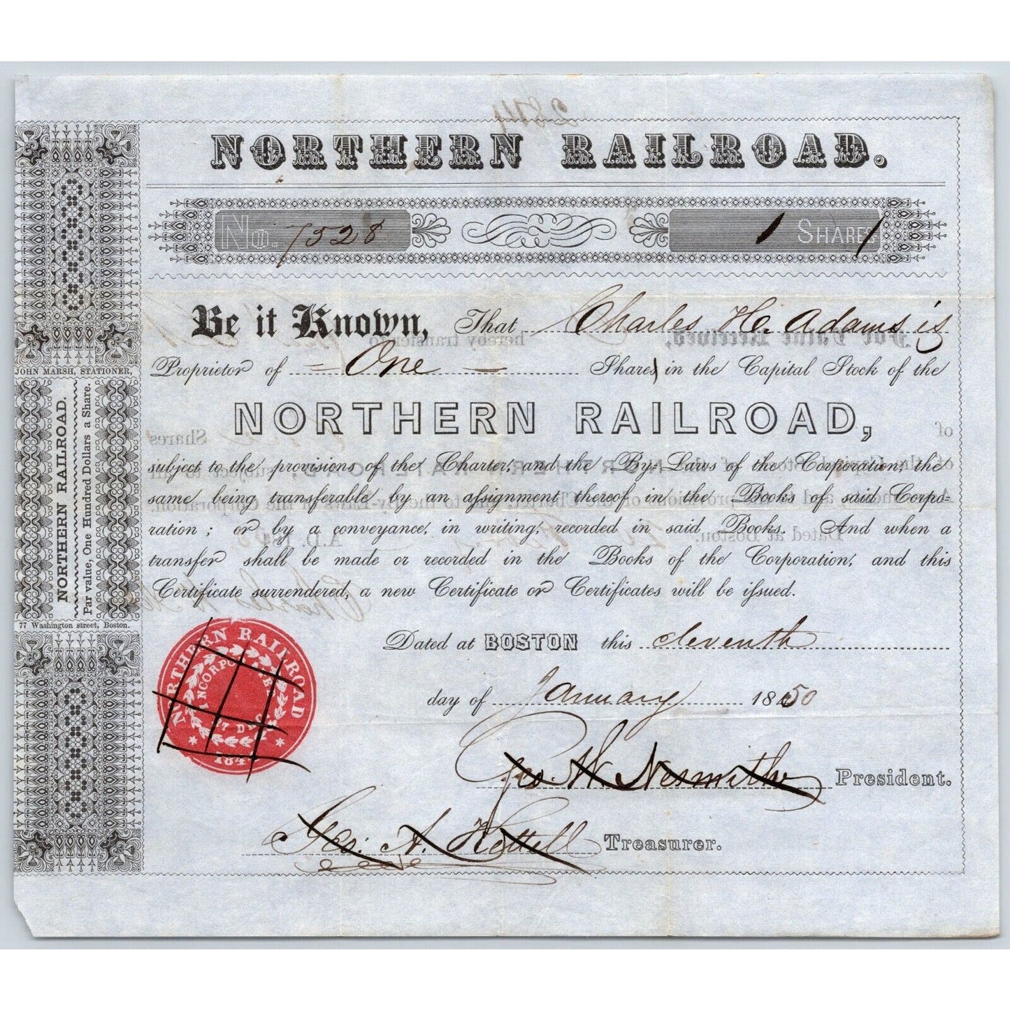 1850 Boston, MA Northern Railroad Stock Certificate No. 7528 for 1 Share