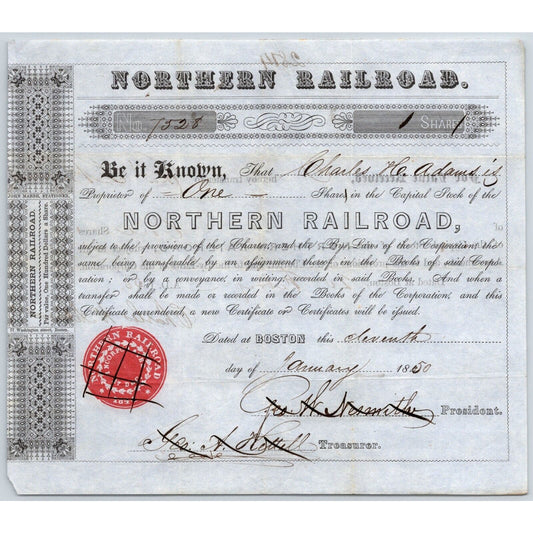 1850 Boston, MA Northern Railroad Stock Certificate No. 7528 for 1 Share