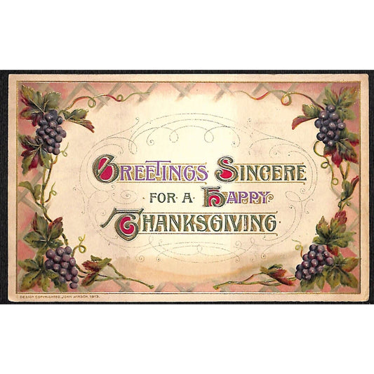 Happy Thanksgiving Sincere Greetings Postcard Grape Frame c1915 Embossed Winsch