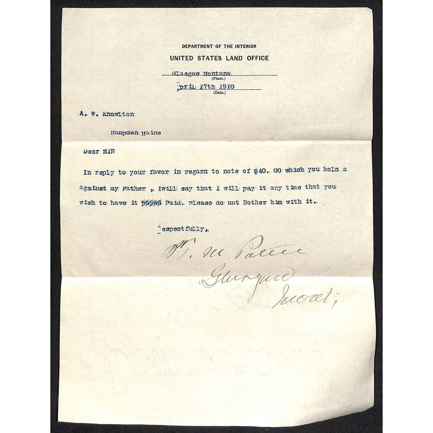 Hampden Highlands, ME Amos W. Knowlton* 1910 Dept. of Interior Letterhead re:$40