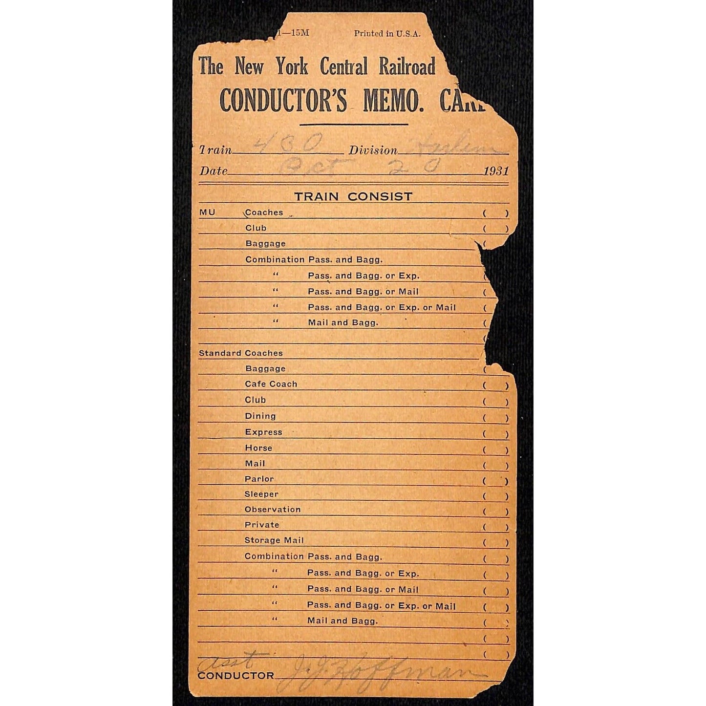 1931 New York Central Railroad Conductor's Memo Card - Scarce